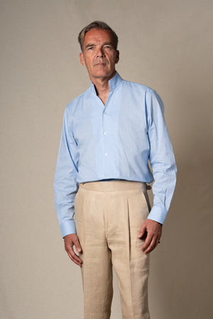 Light Blue Plain Mao Linen Casual Shirt — sastreria a medida BUND, lookbook Costa Vice Spring Summer 26