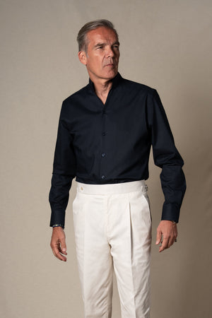 Dark Navy Plain Mao Linen Casual Shirt — sastreria a medida BUND, lookbook Costa Vice Spring Summer 26