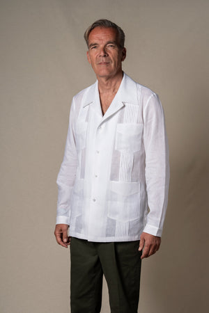 White Plain Linen Guayabera Shirt — sastreria a medida BUND, lookbook Costa Vice Spring Summer 26