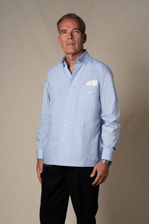 Light Blue Plain Cotton Guayabera Shirt — sastreria a medida BUND, lookbook Costa Vice Spring Summer 26