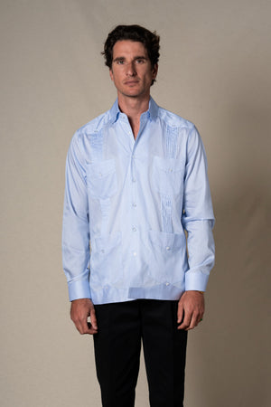 Light Blue Stripes Cotton Guayabera Shirt — sastreria a medida BUND, lookbook Costa Vice Spring Summer 26