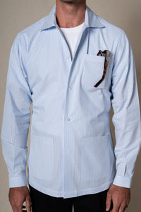 Navy Seersucker Stripes Overshirt — detalle del tejido, BUND Costa Vice SS26