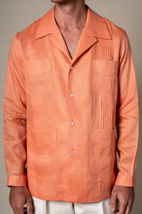 Orange Plain Linen Guayabera Shirt