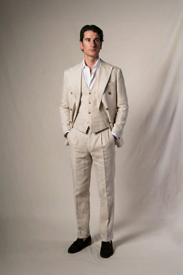 Beige Linen Double Breasted 3 Pieces Suit - Traje a medida BUND
